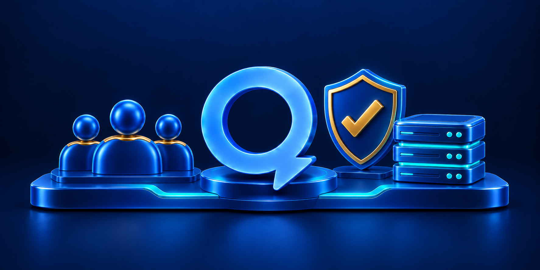 The Quantoz Q with sculptural symbols of a team, a shield and a technology stack.